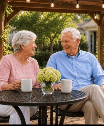 Smiling senior couple enjoying coffee together on a garden patio at a senior living community.
